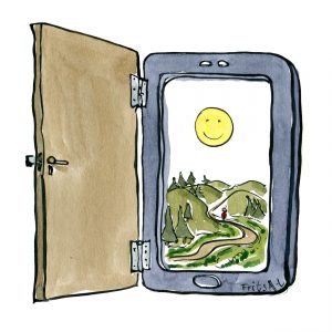 Door on smartphone leading into - out in nature.Drawing by Frits Ahlefeldt
