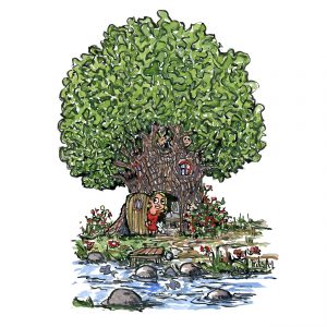little home in tree by a river. Drawing by Frits AhlefeldtWoman walking in.